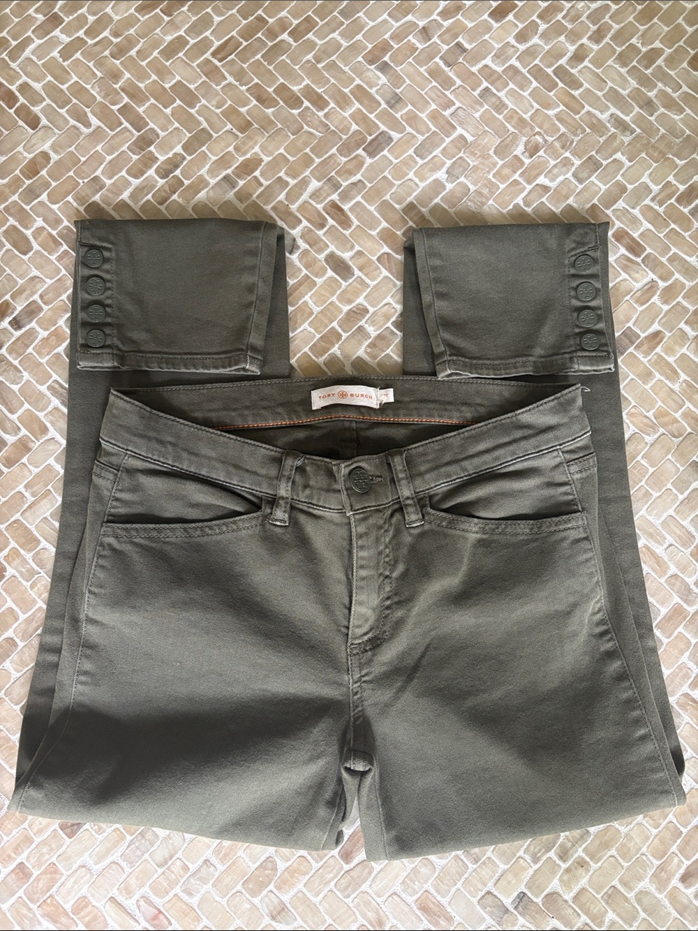 Tory Burch Olive Green Cropped Ankle Jeans, Sz 27